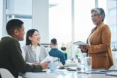 Buy stock photo Tablet, training and manager in a meeting with employees speaking about business growth or development in an office. Planning, CEO and mature woman executive in discussion with team for collaboration