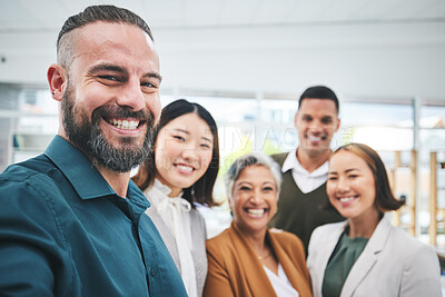 Buy stock photo Selfie, portrait and happy business people together in office for team building, collaboration and global company. Diversity, employees and face of friends smile for profile picture on social media 