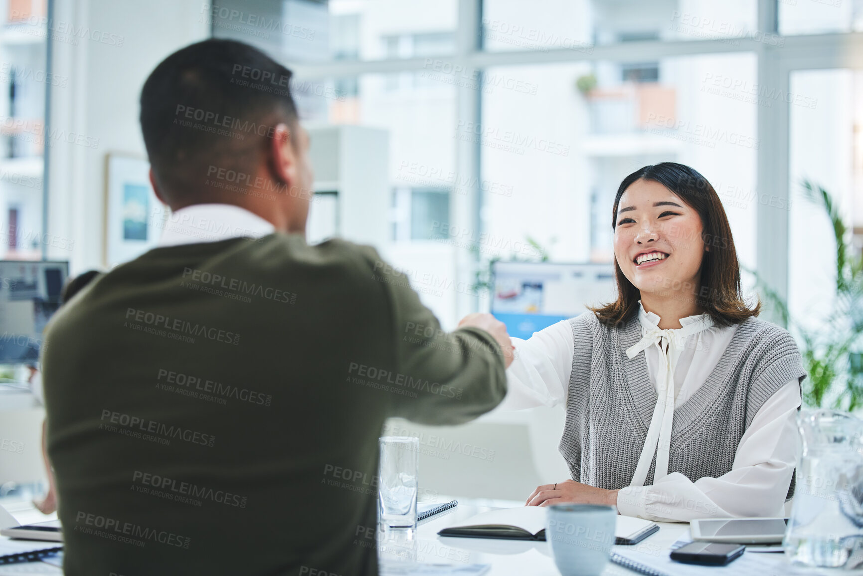 Buy stock photo Interview, business people and human resources, handshake and recruitment, onboarding and conversation. Communication, hiring and meeting with feedback, promotion and shaking hands with trust 
