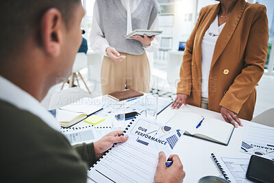 Buy stock photo CEO, documents or business people in meeting for feedback or performance review in discussion with paperwork. Report, portfolio file or boss talking or speaking of data analytics to team of employees