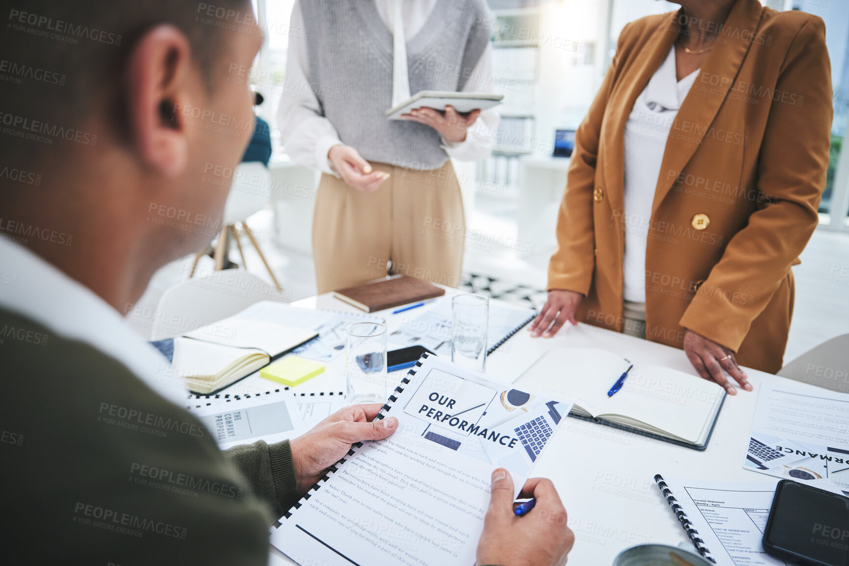 Buy stock photo CEO, documents or business people in meeting for feedback or performance review in discussion with paperwork. Report, portfolio file or boss talking or speaking of data analytics to team of employees