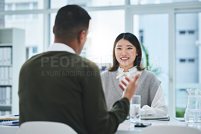 Buy stock photo Business people, meeting or interview for hiring, recruitment or onboarding in marketing career or job opportunity. Professional designer or b2b clients talking, planning and internship collaboration