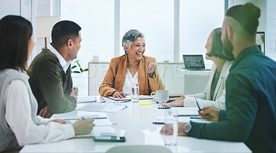 Buy stock photo Happy, talking and business people in a meeting for a discussion, project or planning together. Smile, office and a manager speaking to employees about professional work and discussion in a workshop