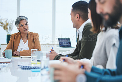 Buy stock photo CEO, mature woman or business people in meeting planning in discussion with vision or mission together. Collaboration, leadership or mentor talking about project ideas in agency to team of employees 