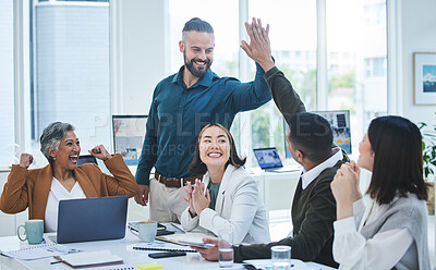 Buy stock photo Celebration, business meeting and high five of company staff with collaboration and teamwork Office, motivation and happy winner employees with planning and kpi growth success from team working
