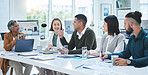 CEO, teamwork or group of business people in meeting planning in discussion for vision or mission. Collaboration, leadership or mentor talking or listening to project ideas with team of employees