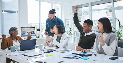 Buy stock photo Celebration, business meeting and yes success of company staff with collaboration and teamwork Office, motivation and happy winner employees with planning and kpi growth from team working achievement