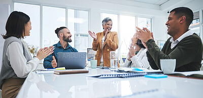 Buy stock photo Excited team in business meeting with applause, cheers and celebration of sales target achievement at desk. Clapping, praise and congratulations with success, motivation for men and women in office.