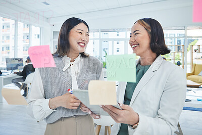 Buy stock photo Business women, teamwork and planning on glass board for marketing timeline, calendar and happy ideas in office. Professional manager and people with workflow, sticky notes and scrum or agile goals