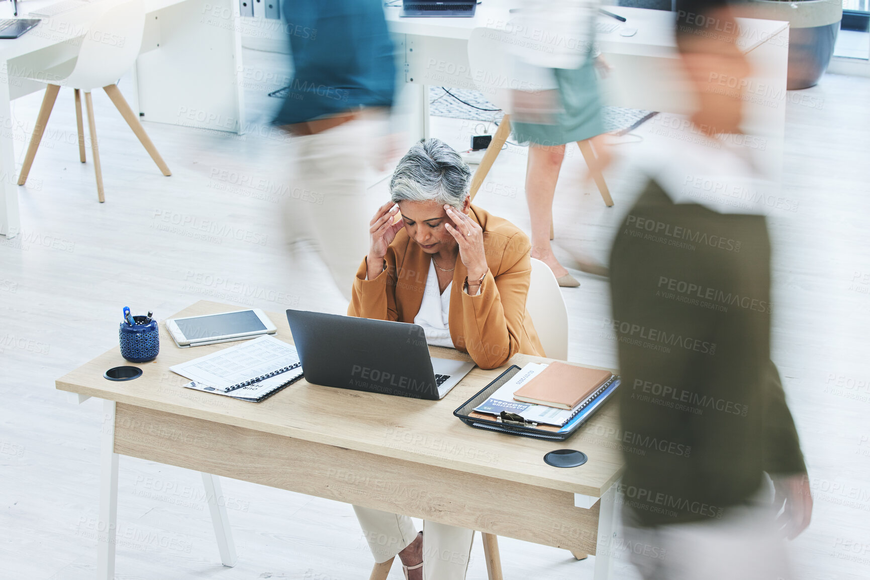 Buy stock photo Busy office, stress and senior woman with headache, crisis or vertigo while working on a laptop. Corporate, chaos and lady ceo with temple massage for migraine, brain fog or 404, glitch or anxiety