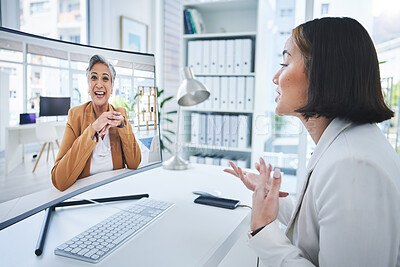 Buy stock photo Business woman, video call and computer screen for online meeting, manager feedback and planning in office. Professional employees, b2b clients or mentor in virtual communication of support or advice