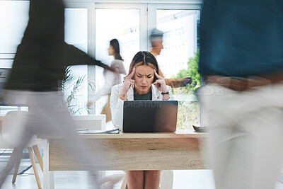 Buy stock photo Headache, stress and business woman on laptop in busy office with vertigo, mistake or disaster. Anxiety, migraine and manager frustrated by glitch, 404 or internet, delay or mental health crisis