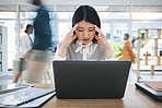 Stress, headache and asian woman on laptop in busy office with vertigo, mistake or disaster. Anxiety, migraine and manager frustrated by online glitch, 404 or internet, delay or mental health crisis
