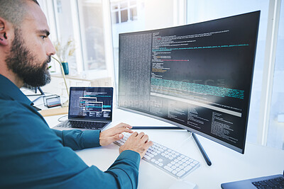 Buy stock photo Programmer, technician man and computer code for software script or cyber security in office. IT engineer or developer person with technology for programming, future and data analytics or coding