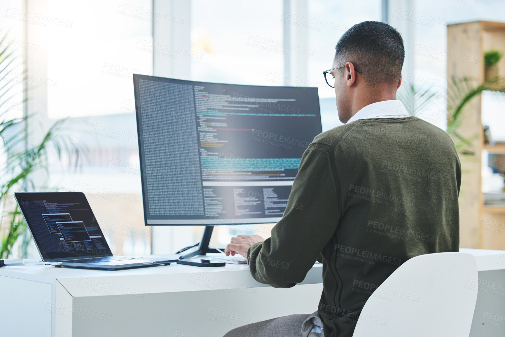 Buy stock photo Programmer, technician man and computer for coding, software script or cyber security in office. Behind IT engineer person with technology for programming, future and data analytics or innovation