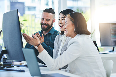 Buy stock photo Business people, teamwork and computer, planning or collaboration or social media or online proposal. Professional worker, employees or designer group on desktop pc for funny meme or project news