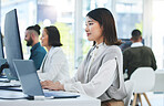 Computer, email and employees working in a company or startup agency typing online document or research on internet. Website, web and corporate people in an office doing online communication