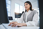 Asian woman, computer and coding in software development or web design at the office. Female person or employee typing on desktop PC in programming, innovation or problem solving at the workplace