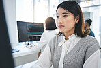 Programming, developer and computer with business woman in office for coding, software and information technology. Database, website and research with Asian person in it startup for digital and code