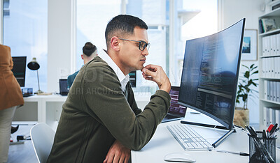 Buy stock photo Programmer man, software development and thinking at computer for coding, software script or cyber security. Technician person with technology for programming, future and data analytics or innovation