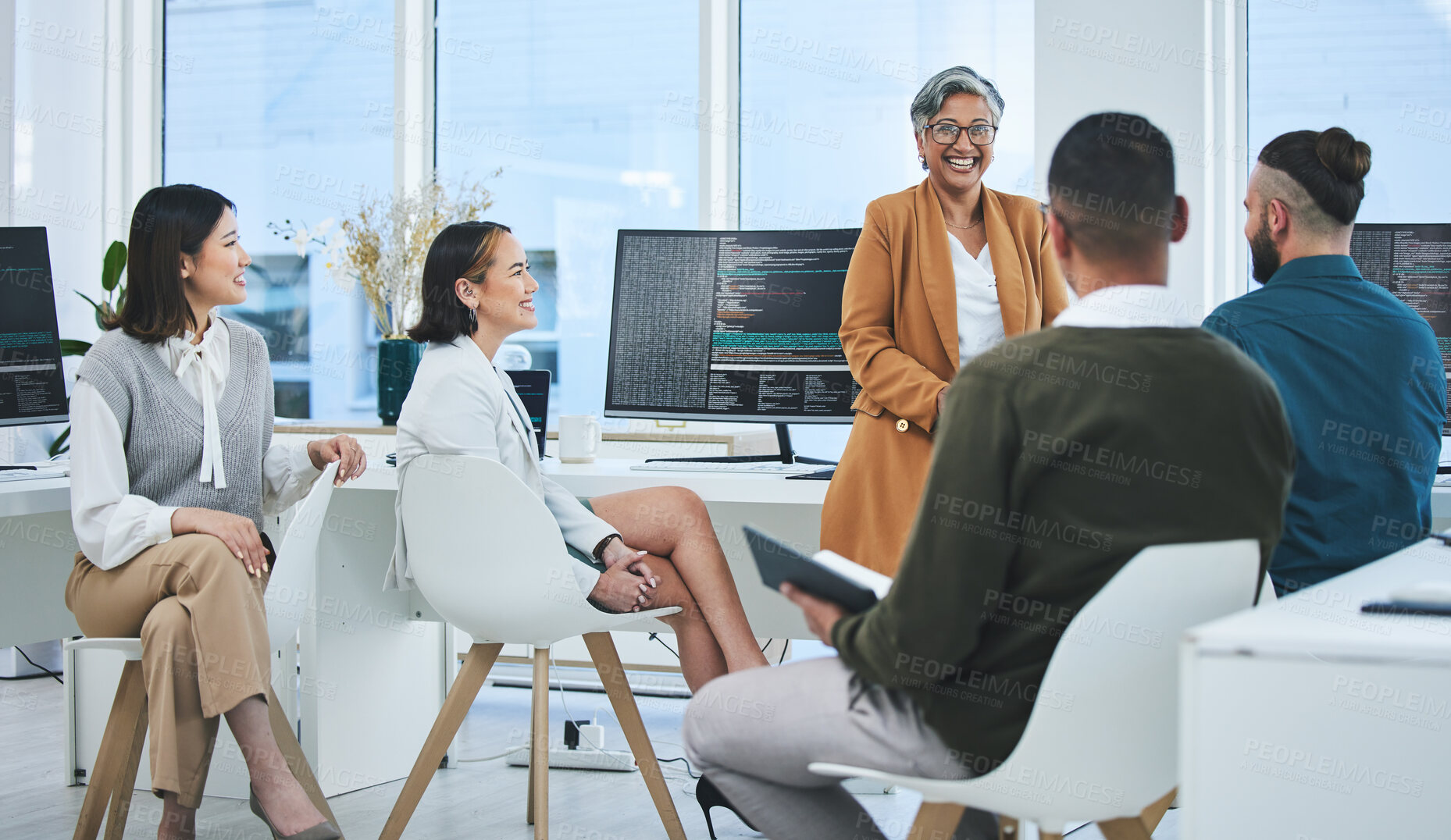 Buy stock photo Teamwork, planning and programmer with business people in office for coding, developer or information technology. Meeting, code review and feedback with employees in digital agency for cybersecurity