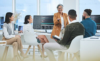 Buy stock photo Business people, manager and employee with feedback, programming and conversation with trading, coaching and mentor. Teamwork, supervisor or staff with pc, coding or programmer with support or advice