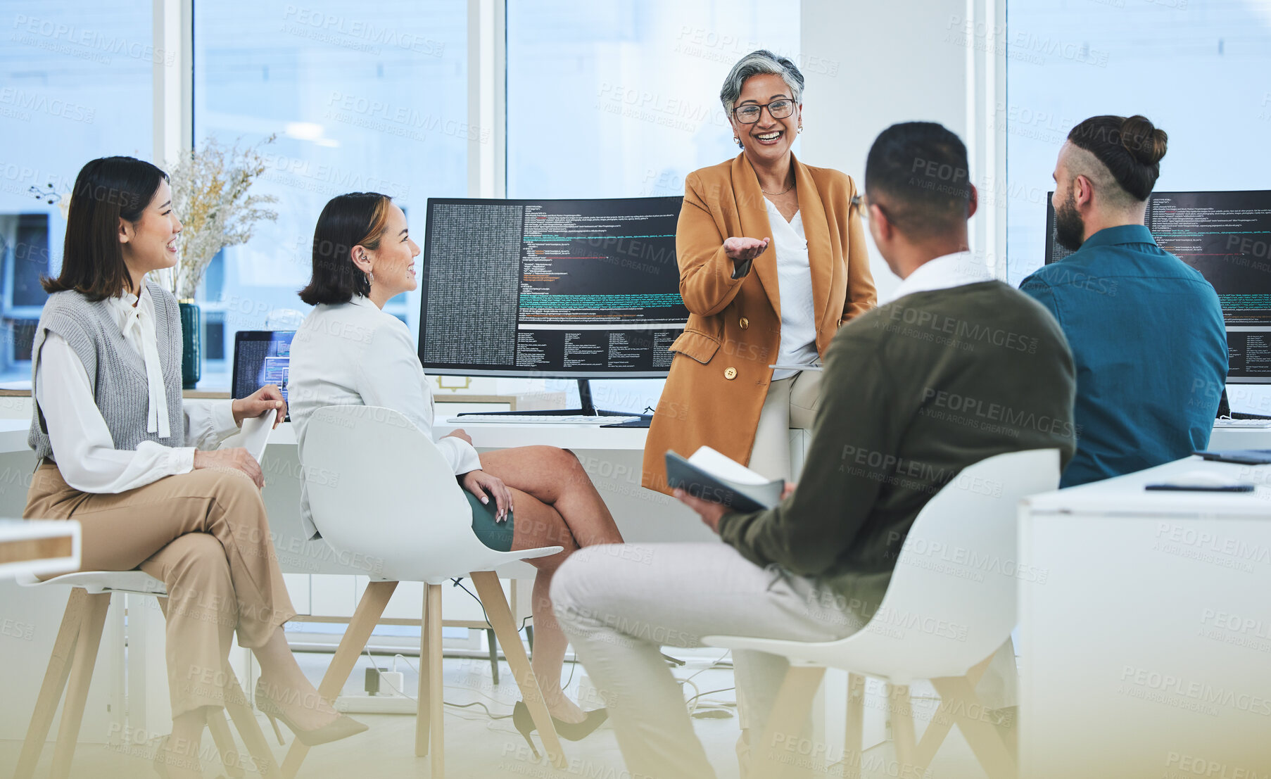 Buy stock photo Business people, manager and employee with feedback, programming and conversation with trading, coaching and mentor. Teamwork, supervisor or staff with pc, coding or programmer with support or advice