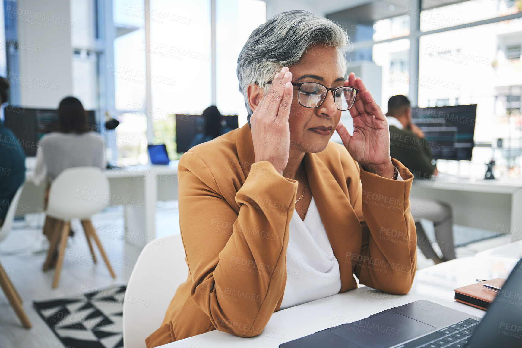 Buy stock photo Business woman, headache and stress on computer in marketing crisis, online mistake or management error. Graphic designer manager with pain, frustrated and mental health or eye care glasses on laptop