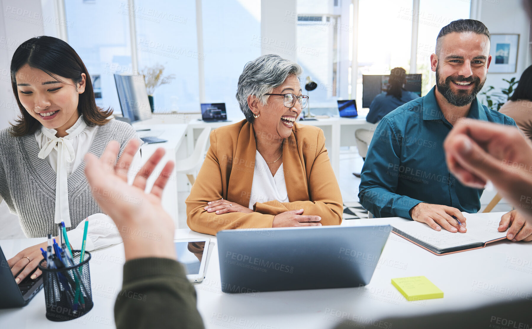 Buy stock photo Planning, funny and business people in a meeting, collaboration or conversation with teamwork, smile or laptop. Technology, men or women with ideas, cooperation or partnership with company growth