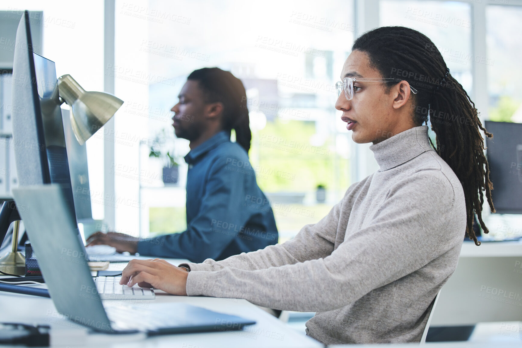 Buy stock photo Business people, computer and typing in office for marketing research, multimedia planning or copywriting. Professional worker or editor typing on desktop for editing online and analysis in workspace