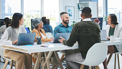 Buy stock photo Planning, talking and business people in a meeting, brainstorming or conversation for new project, teamwork or laptop. Technology, men or women with ideas, cooperation or partnership with negotiation