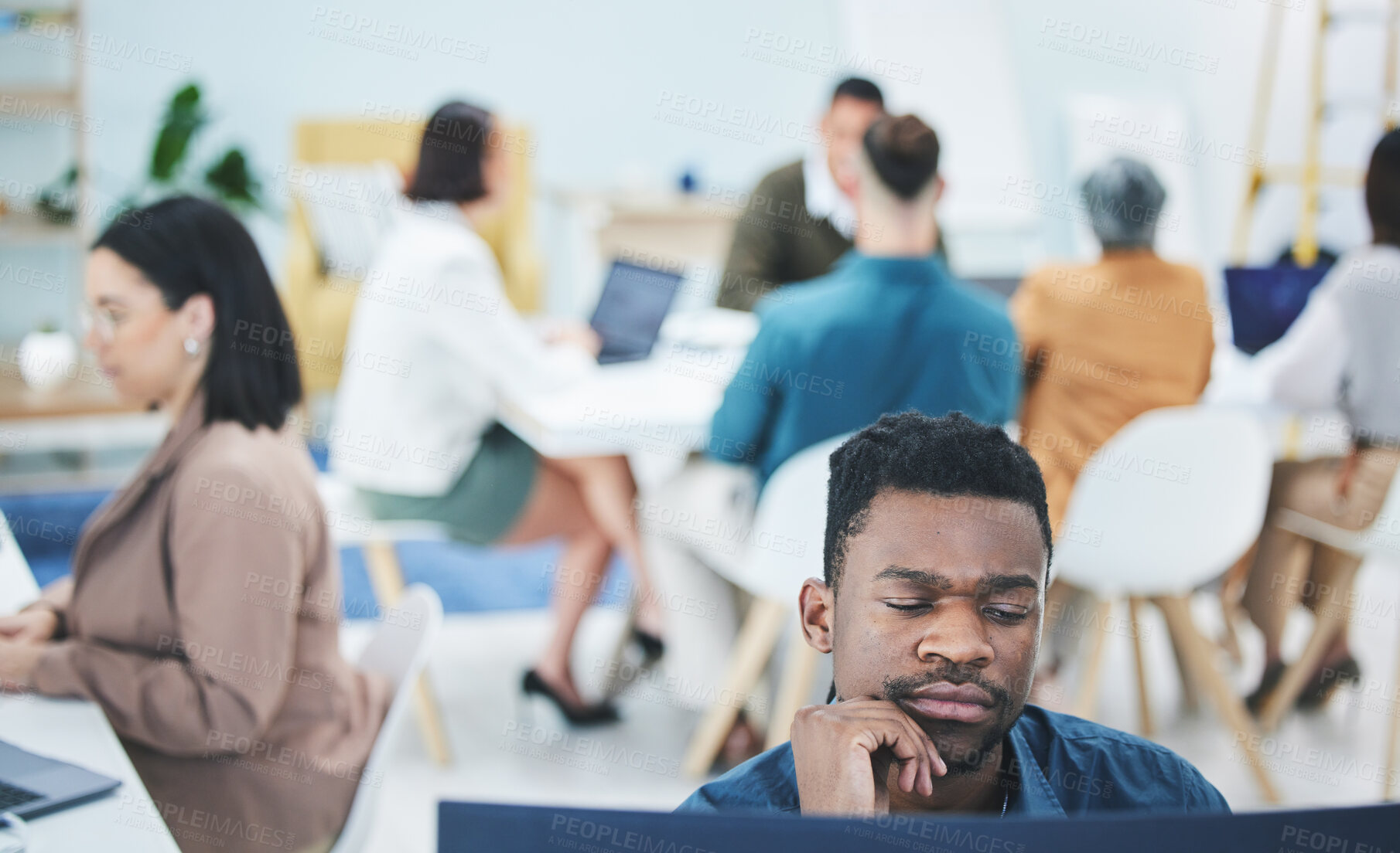 Buy stock photo Man, reading and thinking on computer in office with employees, staff and workplace with business people working. Confused, businessman and report on company productivity or learning tech information