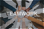 Business people, hands and fist in circle, teamwork or unity above in collaboration, trust or support together at office. Top view of group meeting in community, team building or banner at workplace