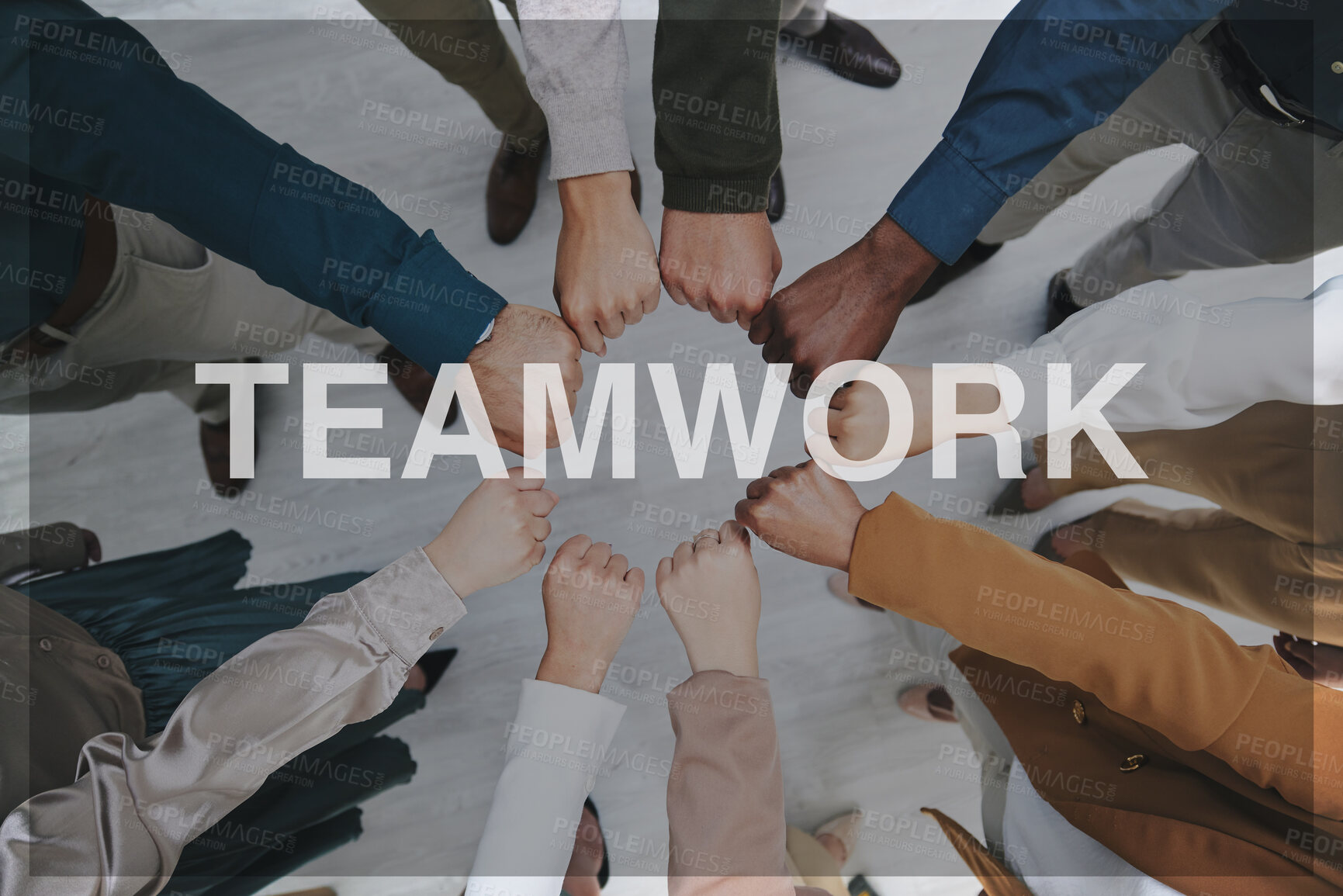 Buy stock photo Business people, hands and fist in circle, teamwork or unity above in collaboration, trust or support together at office. Top view of group meeting in community, team building or banner at workplace