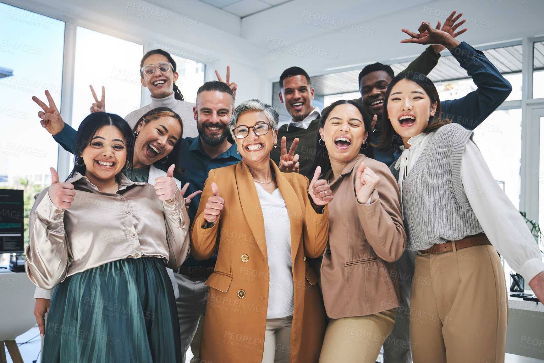 Buy stock photo Business people, group celebration and wow, success and peace sign, thumbs up or friends in team building. Happy, excited and diversity women and men in office teamwork, support or thank you portrait