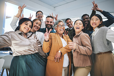 Buy stock photo Happy, peace sign and portrait of business people in the office for team building or bonding. Smile, diversity and group of creative designers with manager having fun with goofy gesture in workplace.