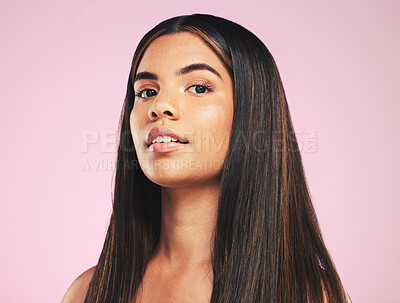 Buy stock photo Portrait, skincare and hair beauty with a woman on a pink background in studio for shampoo treatment. Face haircare and a confident young aesthetic model at the salon for natural or keratin cosmetics