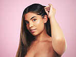 Beauty, skincare and hair with portrait of woman in studio for salon, shampoo and glow. Makeup, spa treatment and keratin with face of model on pink background for balayage, cosmetics and glamour