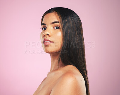 Buy stock photo Portrait, hair care and woman with beauty, self care or wellness on a pink studio background. Face, person or model with skincare, cosmetics or dermatology with self care, salon grooming or aesthetic