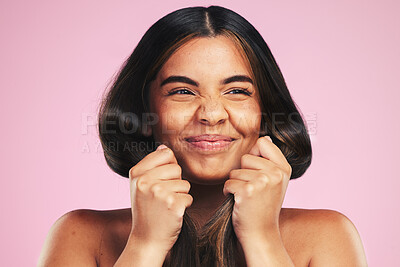Buy stock photo Healthy hair, beauty and woman in studio with mockup for texture, treatment or shine on pink background. Haircare, glow and female model with growth, results and strand strength, keratin or cosmetics