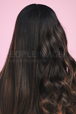 Buy stock photo Hair, beauty and back of woman in studio for cosmetic, comparison or before after results on pink background. Haircare, repair and model with shine, glow and healthy growth, volume or keratin texture