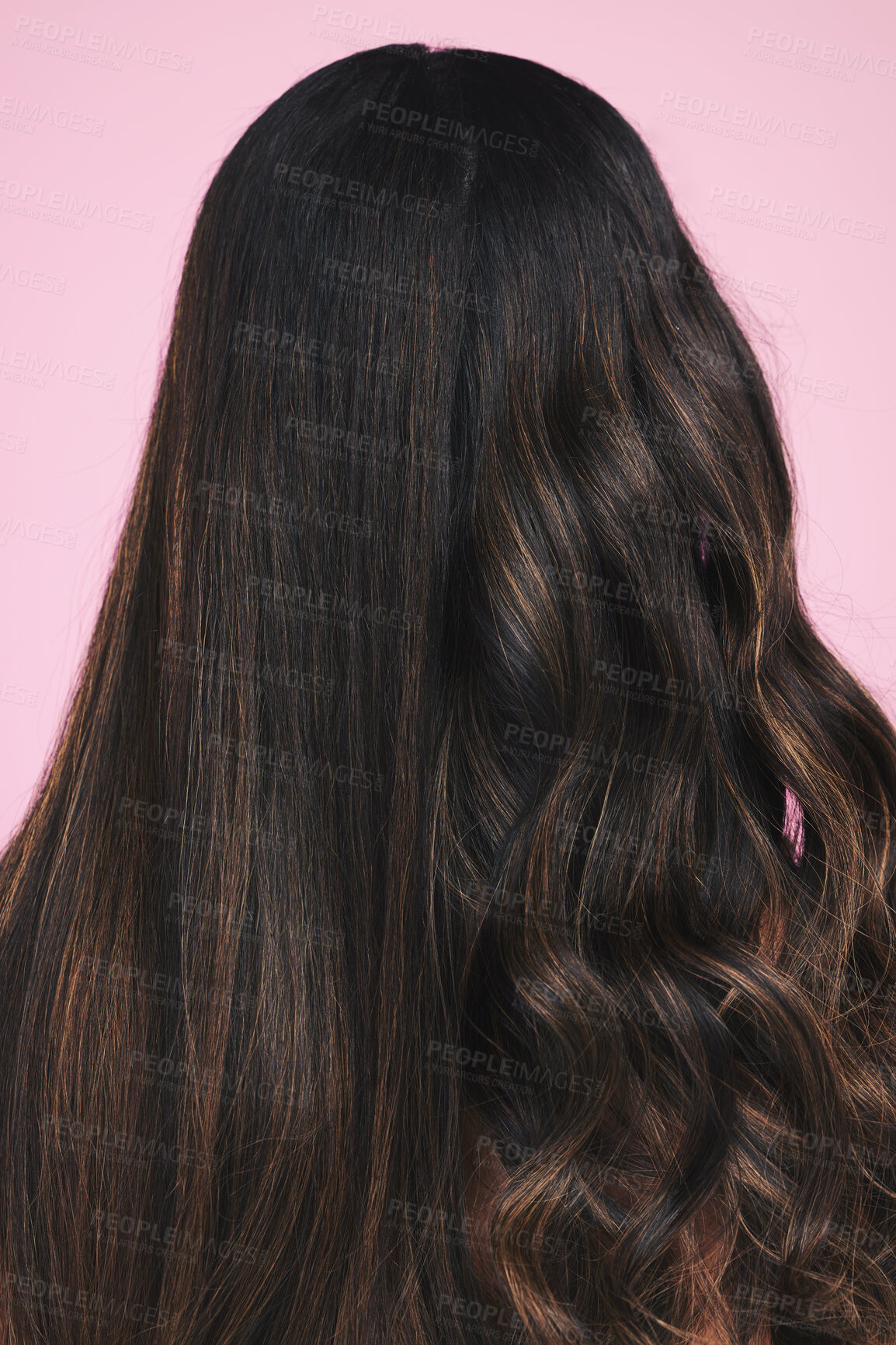 Buy stock photo Hair, beauty and back of woman in studio for cosmetic, comparison or before after results on pink background. Haircare, repair and model with shine, glow and healthy growth, volume or keratin texture