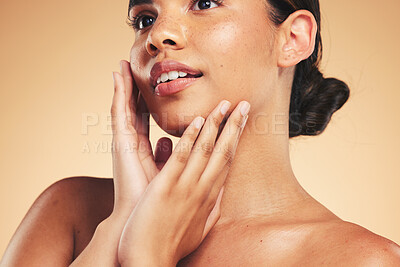 Buy stock photo Skincare, beauty and face of woman with hands for wellness, health and facial care in studio. Dermatology, spa and natural person on brown background in cosmetics, glow and touch for satisfaction