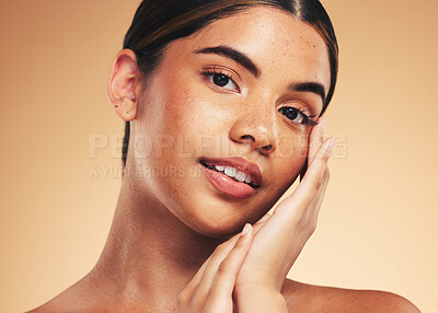 Buy stock photo Skincare, beauty and portrait of woman with hands for wellness, health and facial care in studio. Dermatology, spa and person on brown background in cosmetics, natural face and touch for satisfaction
