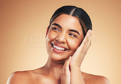 Buy stock photo Beauty, smile and woman in studio for skincare with hands on face for cosmetic results on brown background. Happy, wellness and lady model touch glowing skin, cosmetology or dermatology satisfaction 