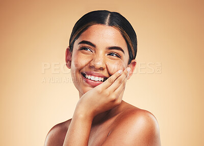 Buy stock photo Skincare, beauty and face of woman with smile for wellness, health and facial care in studio. Dermatology, spa and happy person on brown background in cosmetics, makeup and touch for satisfaction
