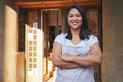 Buy stock photo Portrait, waitress and Asian woman with arms crossed at restaurant, coffee shop or store. Face, smile and confident barista, happy employee or small business entrepreneur at cafe startup in Cambodia