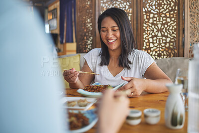 Buy stock photo Happy, lunch and a woman at a restaurant for Chinese food or bonding at a table. Smile, hungry and a girl or people at a cafe for fine dining, Asian cuisine or eating dinner or a meal together