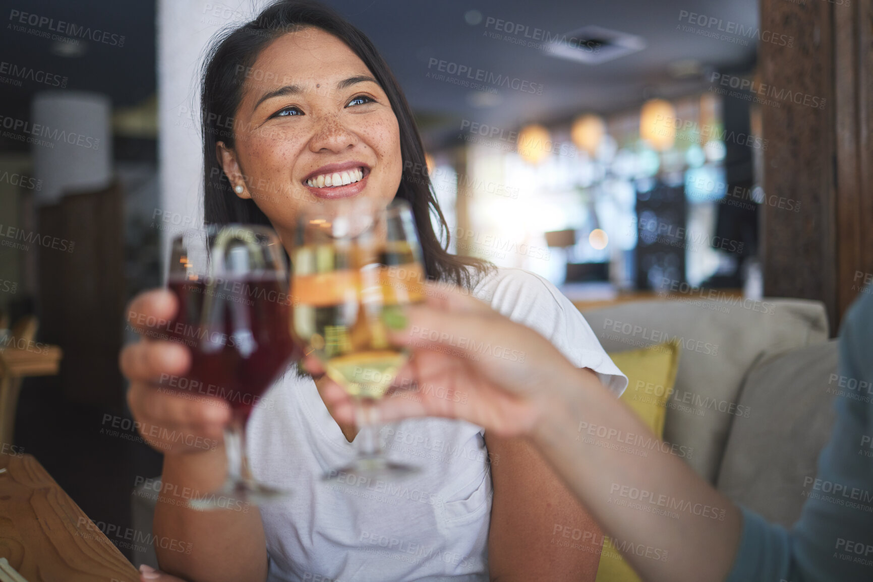 Buy stock photo Japanese woman, restaurant and toast with wine, smile and congratulations with fine dining, party and thinking. Asian friends, happy and success with culture, alcohol or relax in diner, bar and drink