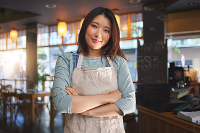 Buy stock photo Portrait, asian woman and small business entrepreneur of restaurant with arms crossed for professional service. Cafeteria server, coffee shop waitress or confident manager working in hospitality